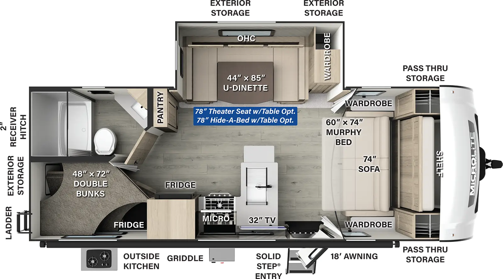 The Flagstaff Micro Lite 25BRDS has one entry and one slide out. Exterior features include: fiberglass exterior, 18' awning and outside kitchen. Interiors features include: bunk beds, u-dinette and murphy bed.